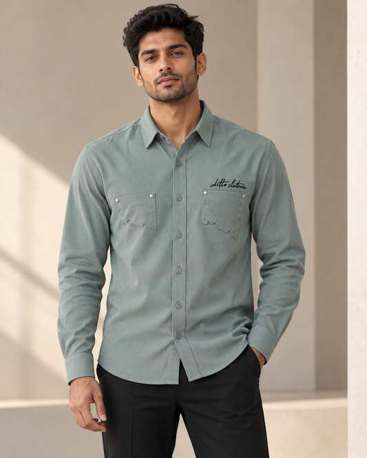 Sage Green textured double pocket full sleeve shirt on model — front view