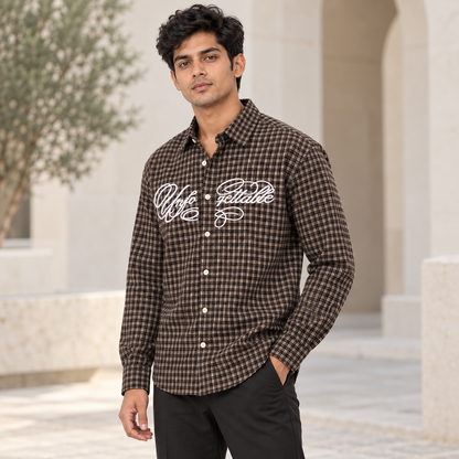 Brown white script checked full sleeve shirt, model angle view