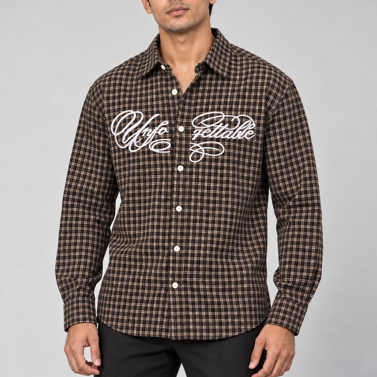 Brown white script checked full sleeve shirt, model detail view