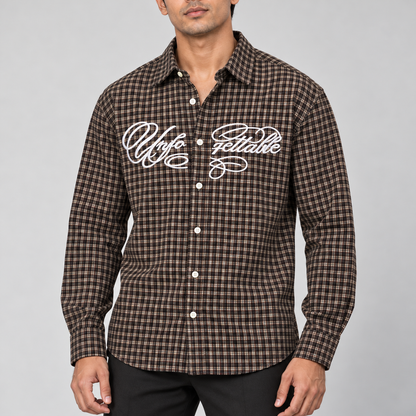 Brown white script checked full sleeve shirt, model detail view