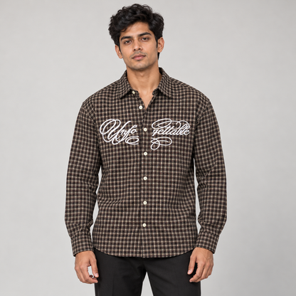 Brown white script checked full sleeve shirt, model front view