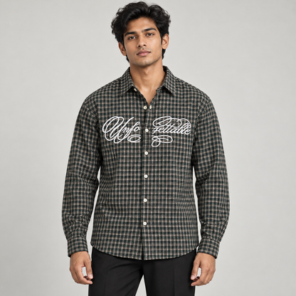 Dark Green white script checked full sleeve shirt, model front view