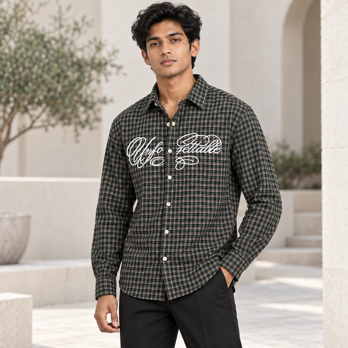 Dark Green white script checked full sleeve shirt, model angle view