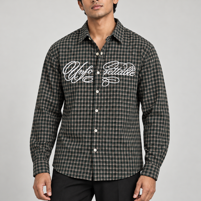 Dark Green white script checked full sleeve shirt, model detail view
