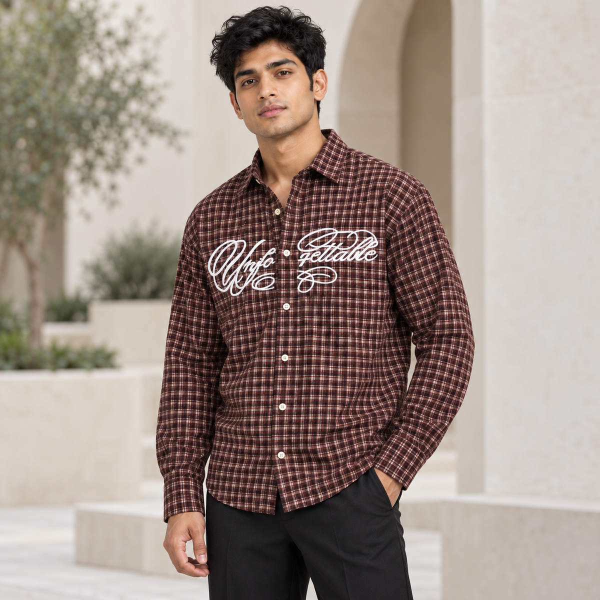 Maroon white script checked full sleeve shirt, model angle view