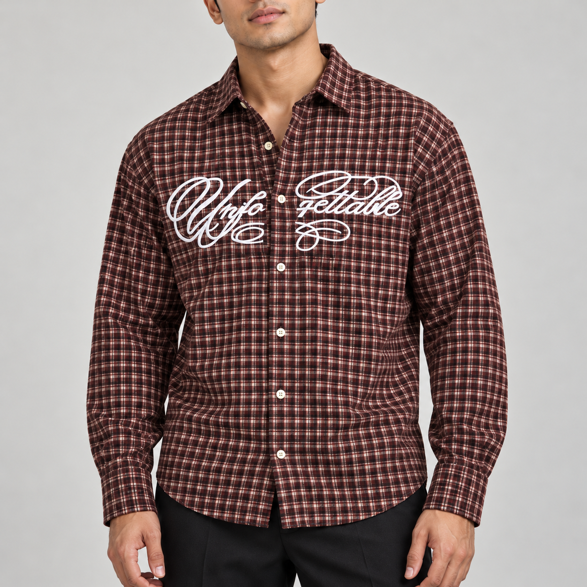 Maroon white script checked full sleeve shirt, model detail view