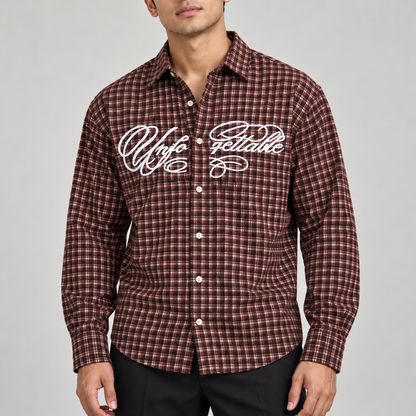 Maroon white script checked full sleeve shirt, model detail view