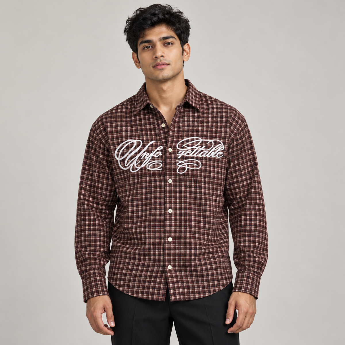 Maroon white script checked full sleeve shirt, model front view