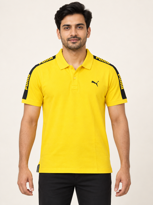 Shoulder Tape Polo T-Shirt - Yellow on an adult male model; actual striped side-hem inserts retained.