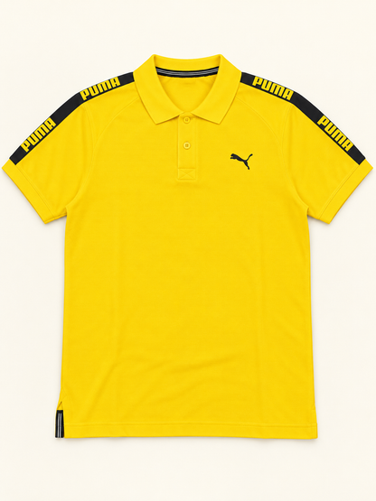 Shoulder Tape Polo T-Shirt - Yellow, dimensional front with actual striped side-hem inserts retained.