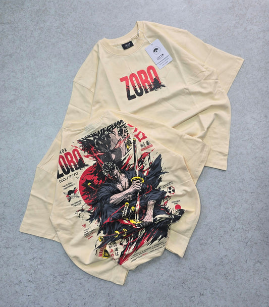 Cream Zoro sword warrior T-shirt front and back