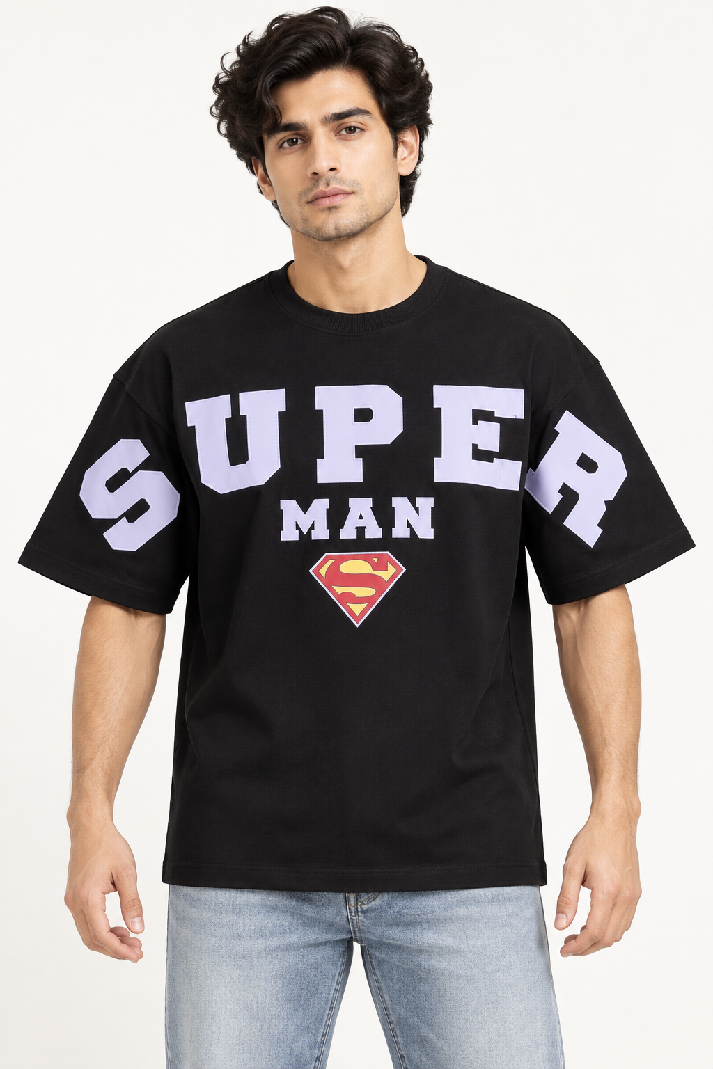 Black Super Man drop shoulder T-shirt, model wearing front view