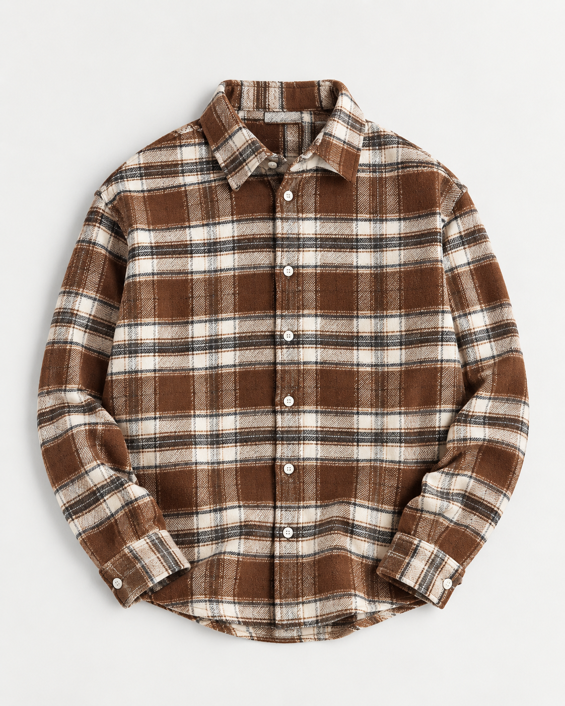 Dual Boxy Fit Flannel Shirt - Brown Cream Check