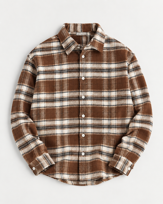 Dual Boxy Fit Flannel Shirt - Brown Cream Check