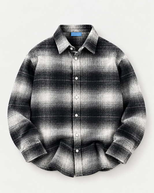 Dual Boxy Fit Flannel Shirt - Black White Ombre