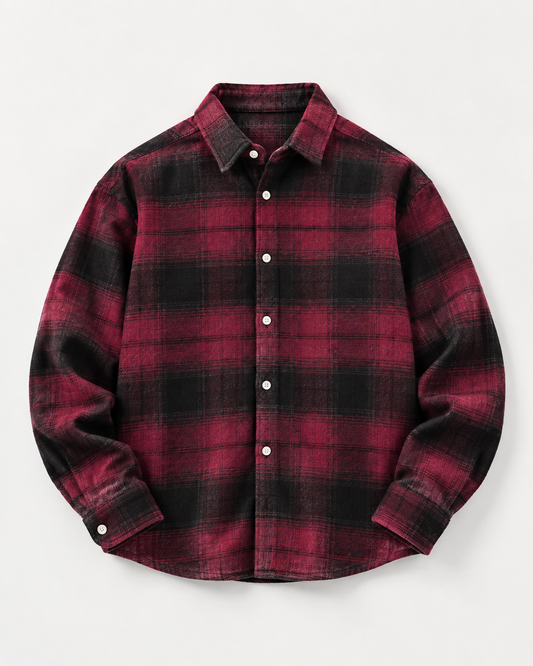 Dual Boxy Fit Flannel Shirt - Burgundy Black Check