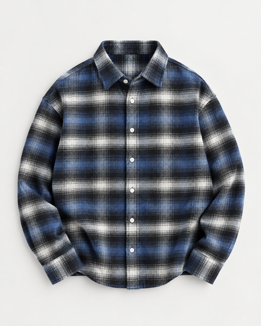 Dual Boxy Fit Flannel Shirt - Blue Black Check