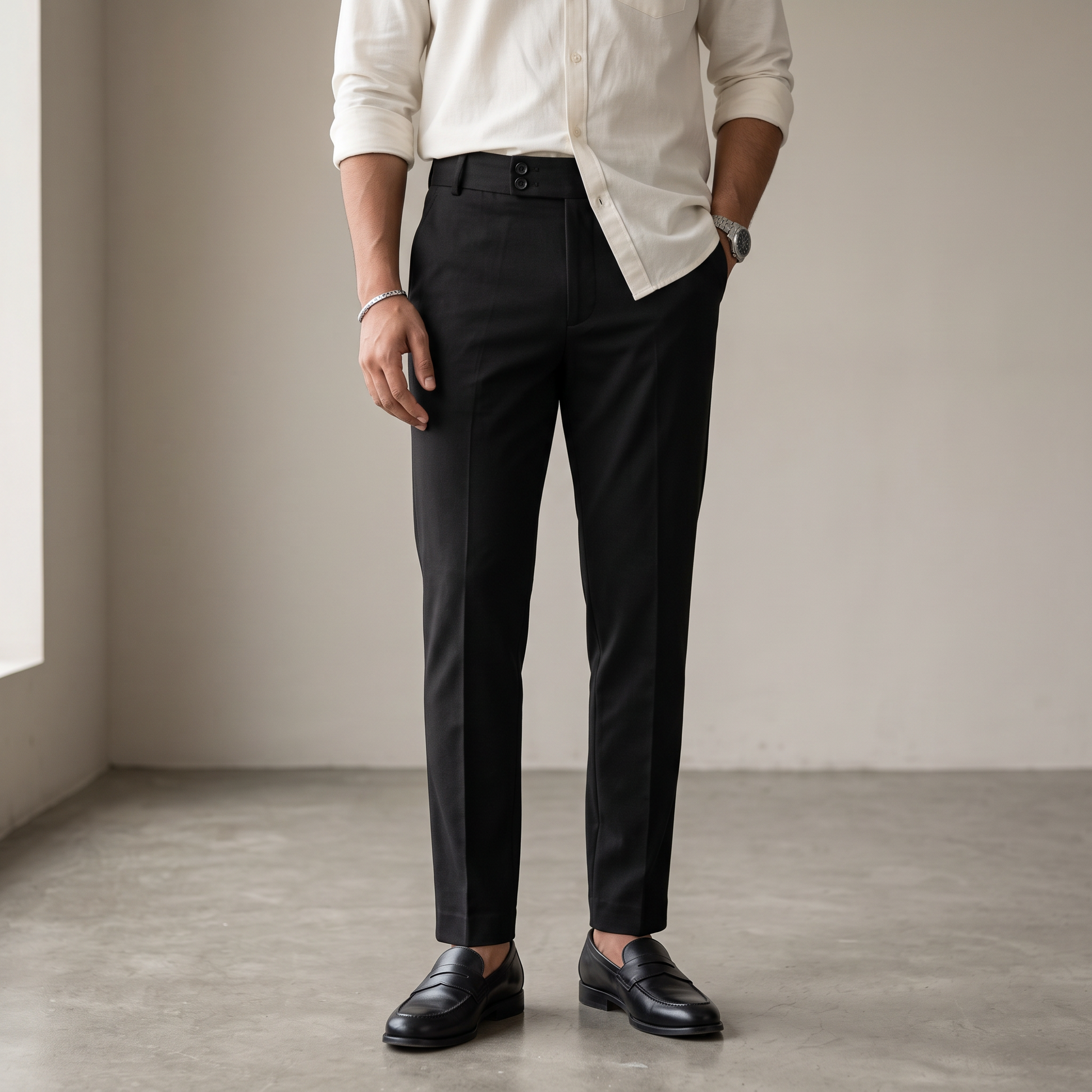 Black double button ankle fit pant on model