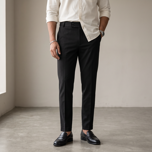 Black double button ankle fit pant on model