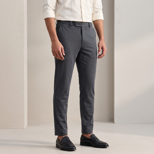 Dark grey double button ankle fit pant on model
