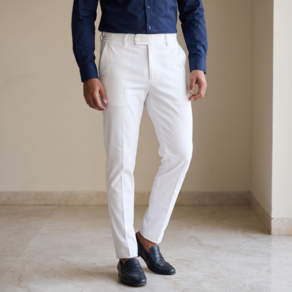White double button ankle fit pant on model