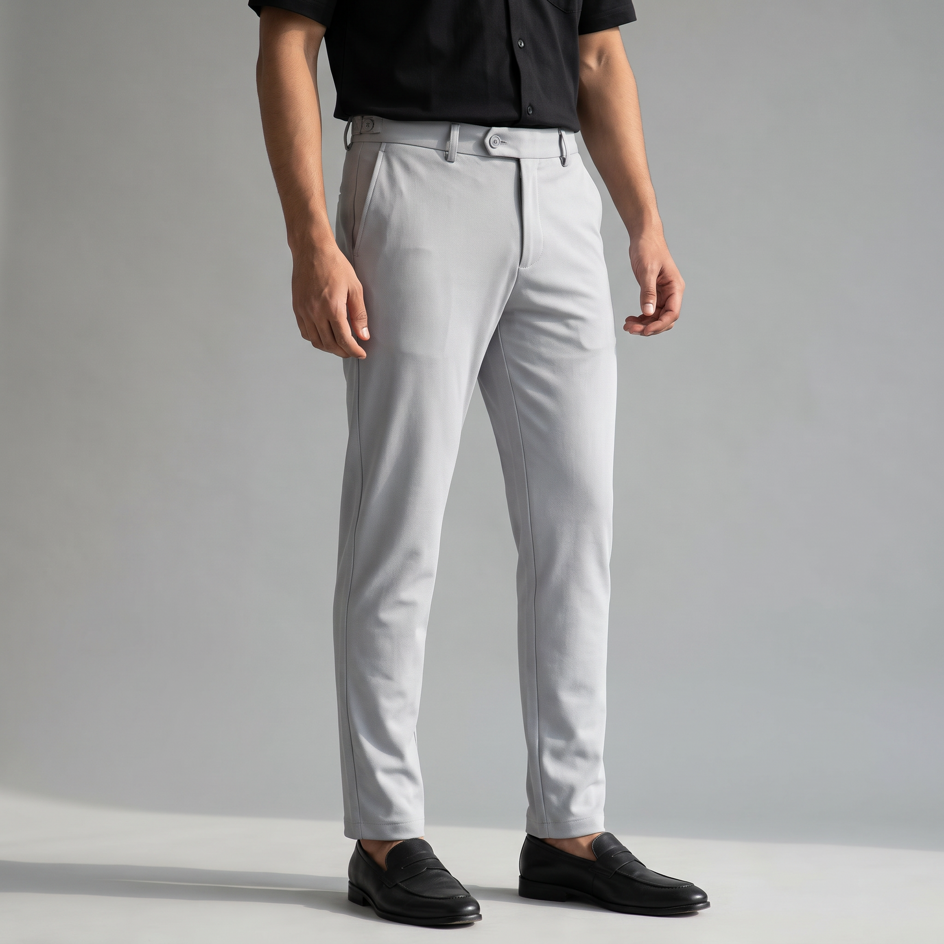 Ash double button ankle fit pant on model