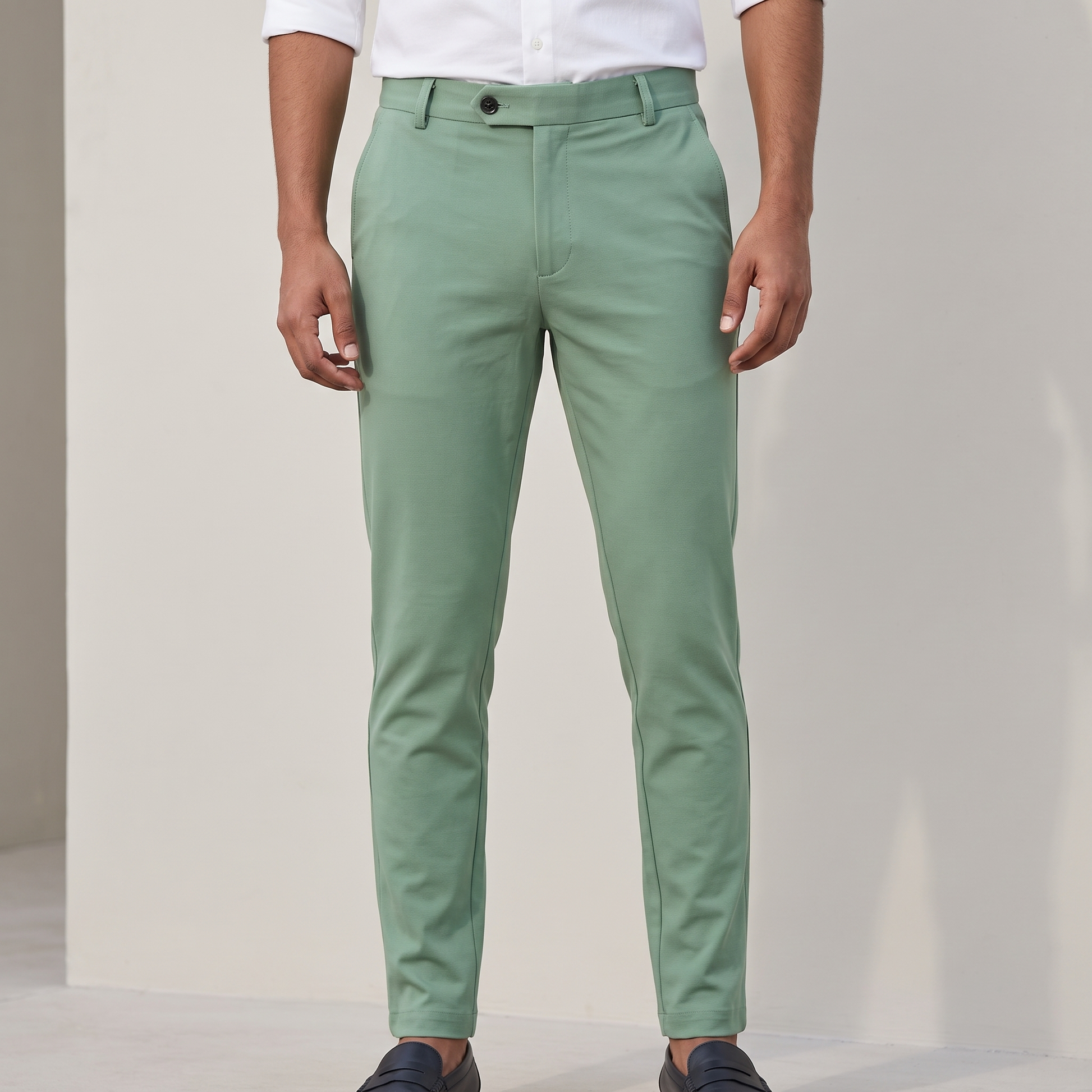 Light green double button ankle fit pant on model