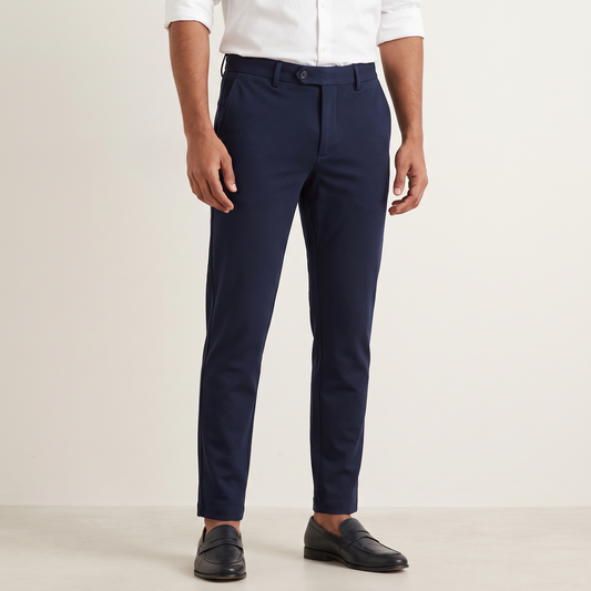 Blue double button ankle fit pant on model