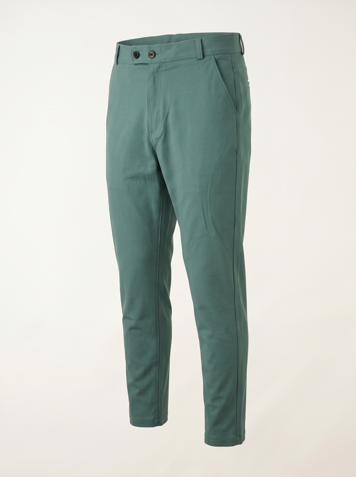 Green double button ankle fit pant angled view