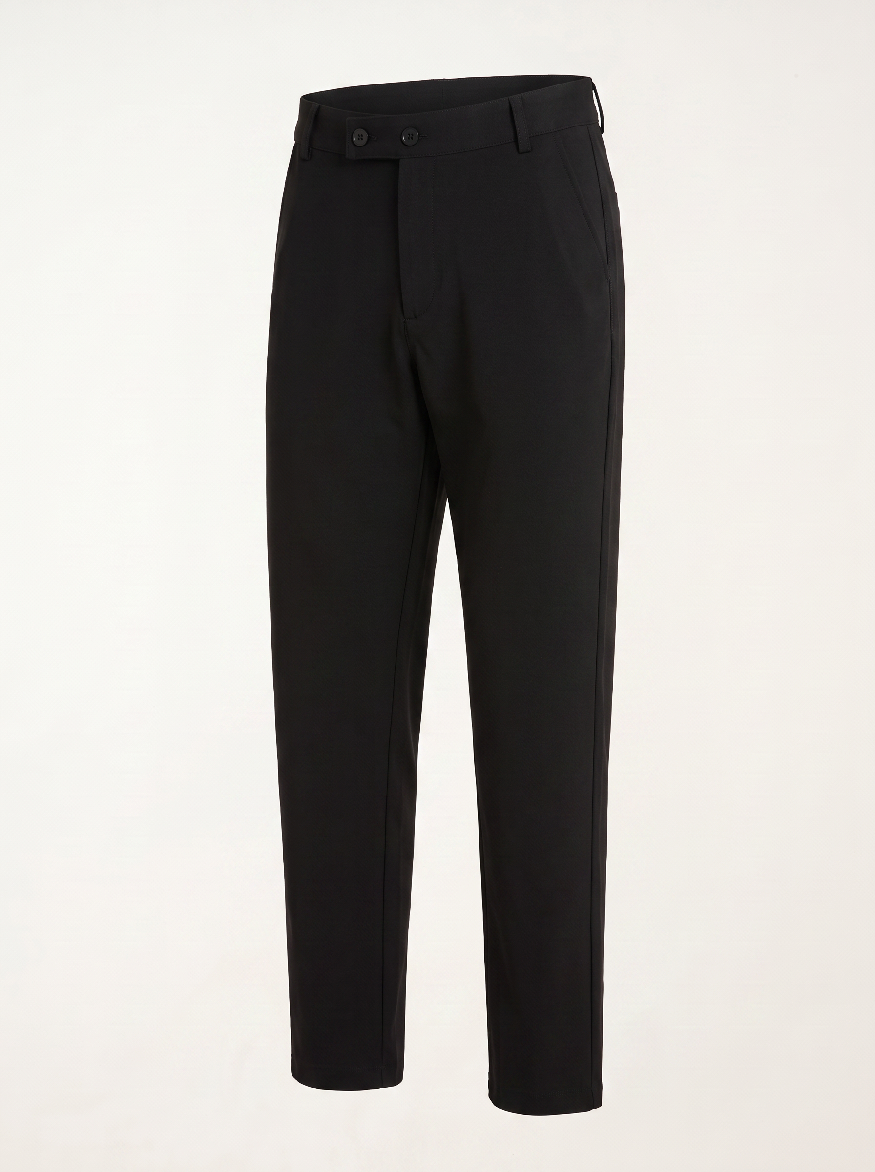 Black double button ankle fit pant angled view