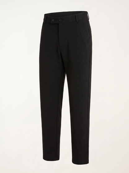 Black double button ankle fit pant angled view