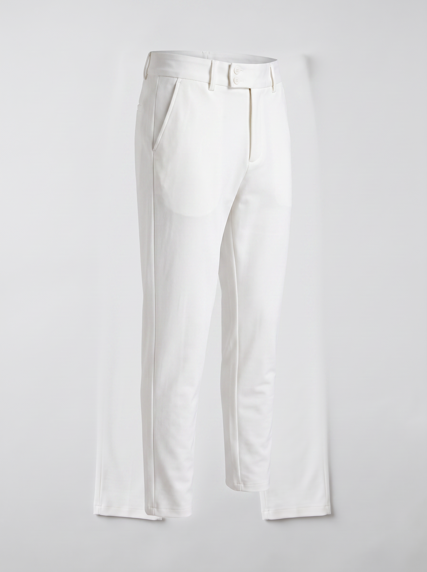 White double button ankle fit pant angled view