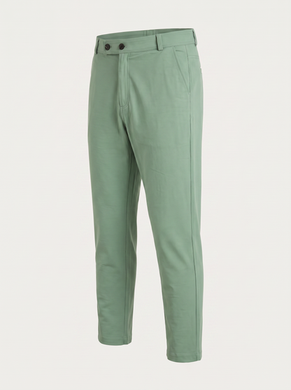Light green double button ankle fit pant angled view