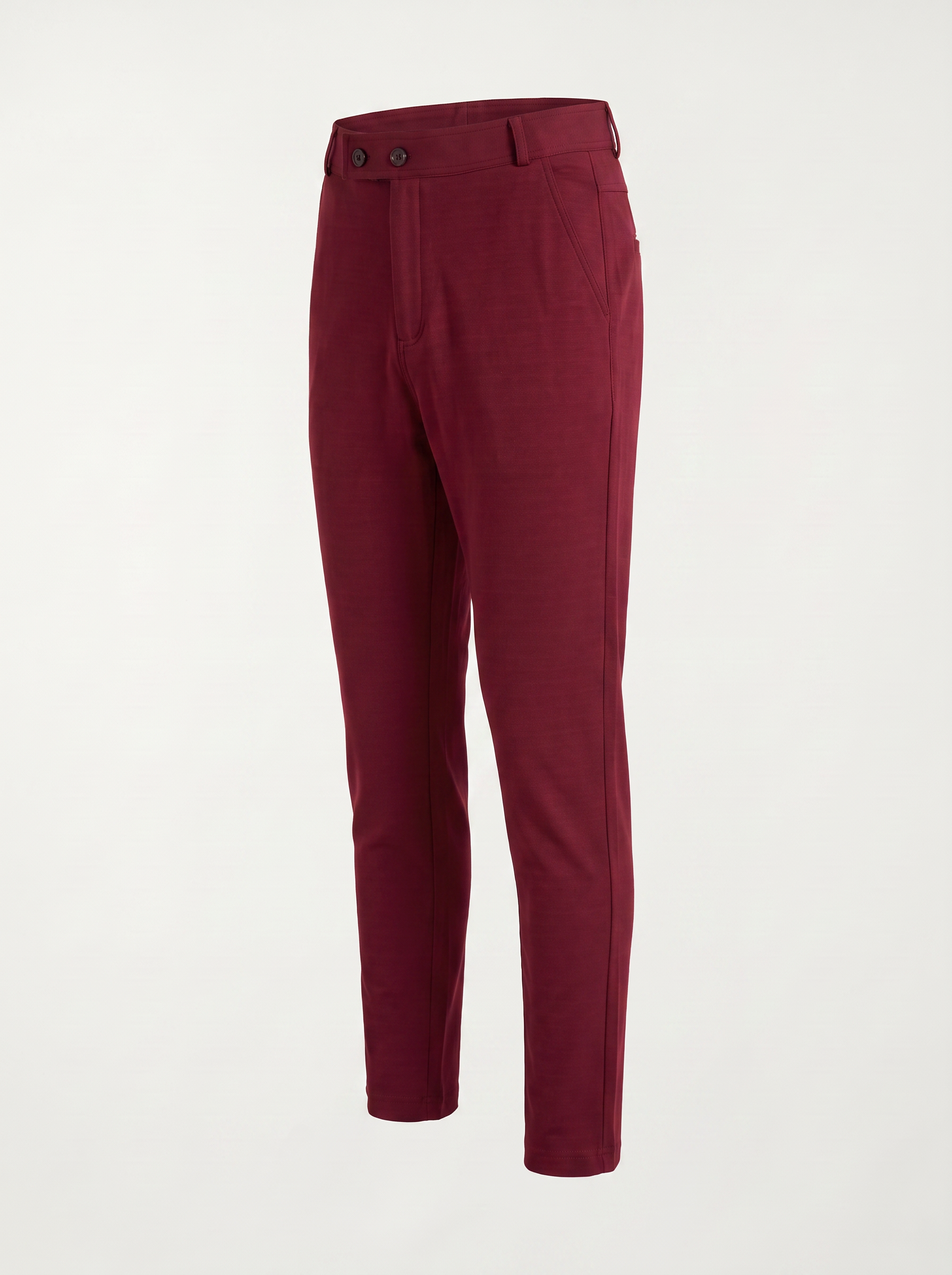Red double button ankle fit pant angled view