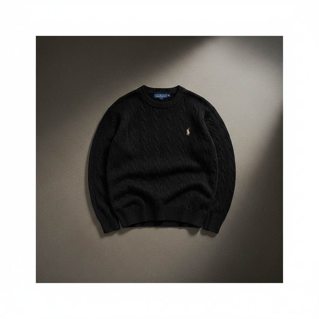 RL Polo Black cable knit pullover – premium knit detail view