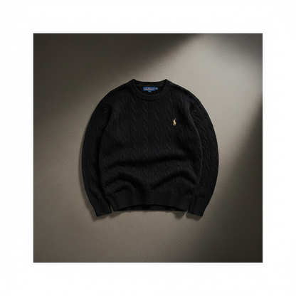 RL Polo Black cable knit pullover – premium knit detail view