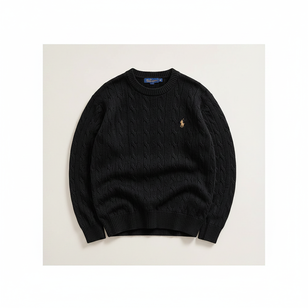 RL Polo Black cable knit pullover – clean premium studio front view