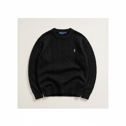 RL Polo Black cable knit pullover – clean premium studio front view