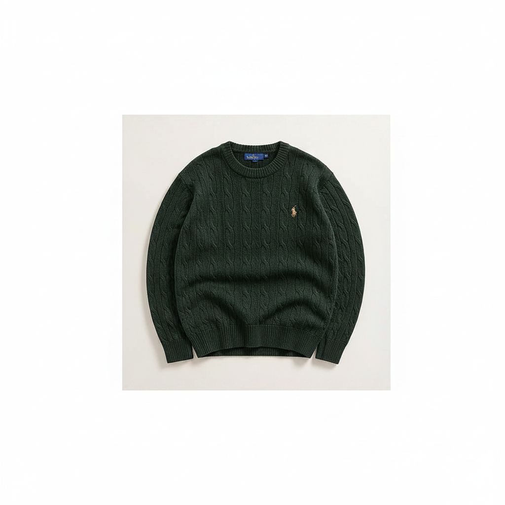 RL Polo Dark Green cable knit pullover – clean premium studio front view