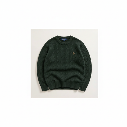 RL Polo Dark Green cable knit pullover – clean premium studio front view