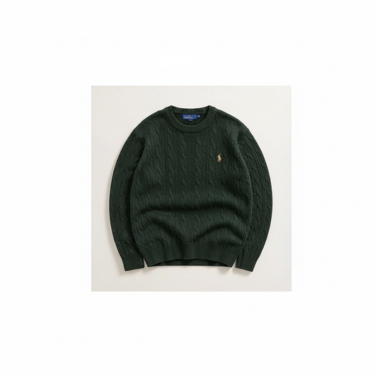 RL Polo Dark Green cable knit pullover – clean premium studio front view