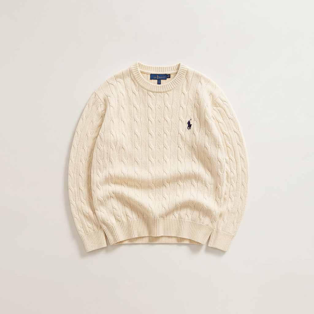 RL Polo Cream cable knit pullover – clean premium studio front view