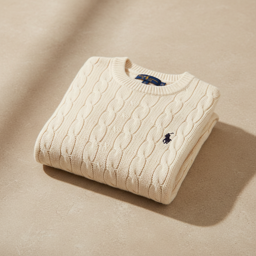 RL Polo Cream cable knit pullover – premium knit detail view