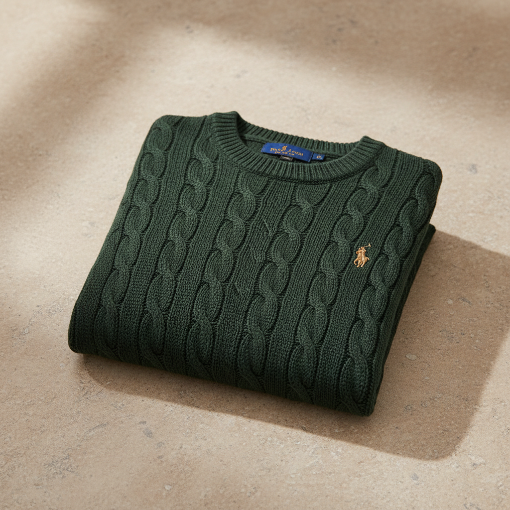 RL Polo Dark Green cable knit pullover – premium knit detail view