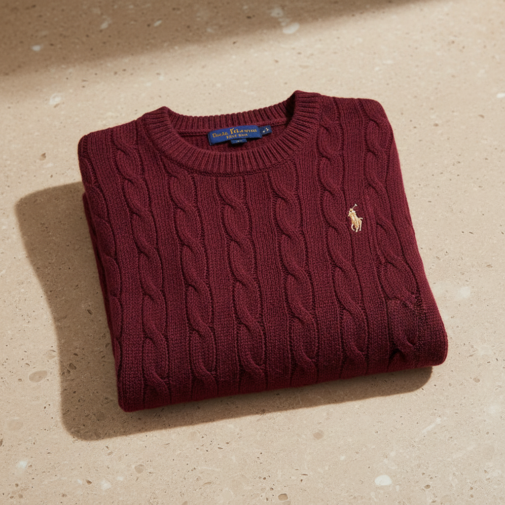 RL Polo Burgundy cable knit pullover – premium knit detail view
