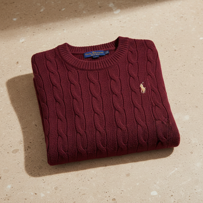 RL Polo Burgundy cable knit pullover – premium knit detail view