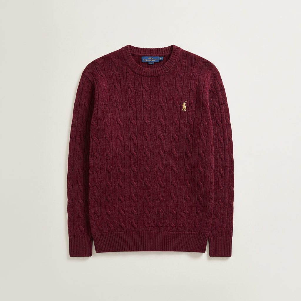 RL Polo Burgundy cable knit pullover – clean premium studio front view