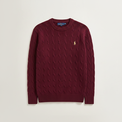 RL Polo Burgundy cable knit pullover – clean premium studio front view