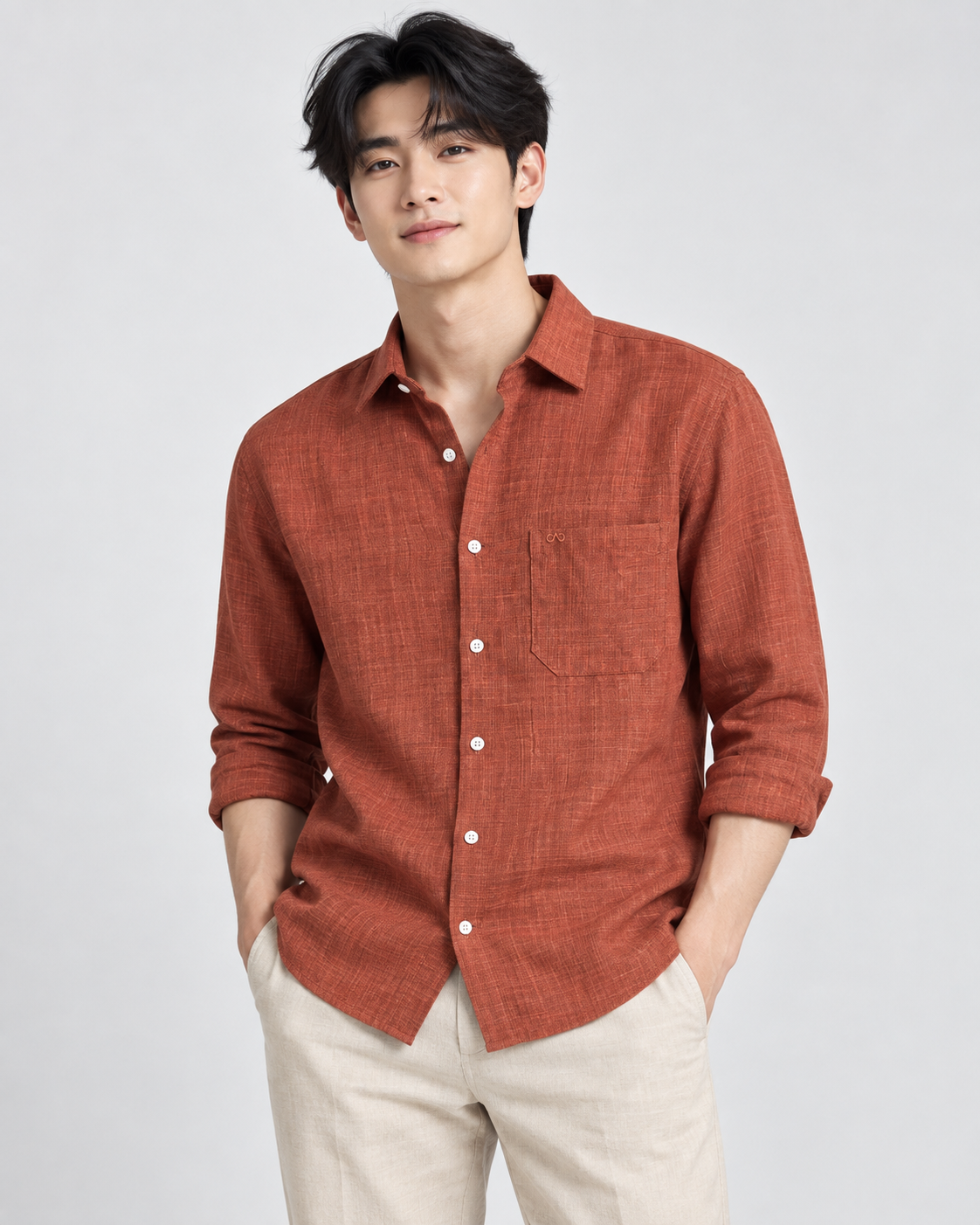Korean Linen Shirt - Rust Orange