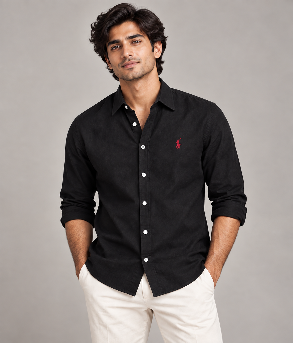 Model wearing black linen shirt with regular turn-down collar
